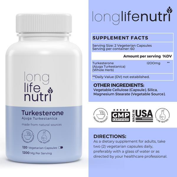 Turkesterone 1200mg - 120 Vegetarian Capsules, Lab Tested, Made in USA