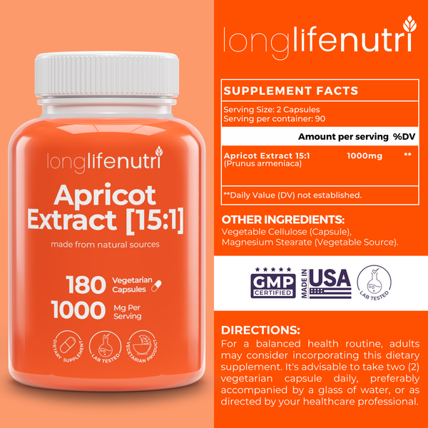 Apricot Extract 1000mg for Natural Vitality, 3-Month Supply, Made in USA