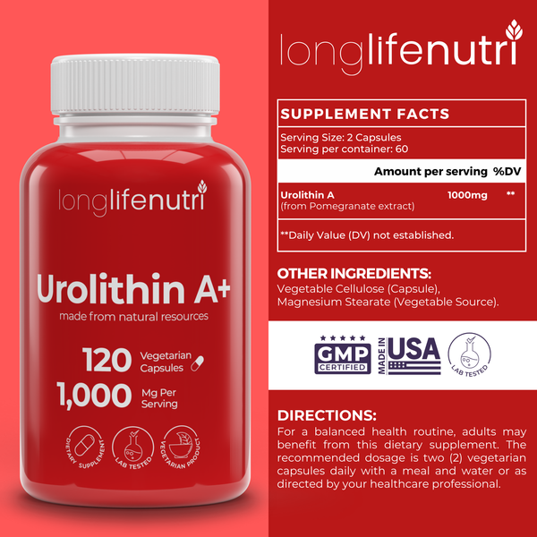 Urolithin A+ 1000mg - 120 Vegetarian Capsules, 2-Month Supply