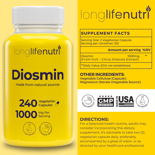 Diosmin 1000mg for Circulatory Health Support, 4-Month Supply, Made in USA