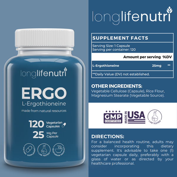 L-Ergothioneine 25mg - 4-Month Supply, Natural Antioxidant & Made in USA