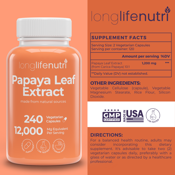 Papaya Leaf Extract 10:1 Supplement 12,000mg - 240 Vegetarian Capsules