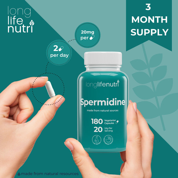 Spermidine 20mg - 180 Vegan Capsules, Lab Tested, Crafted in USA